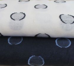 Tmavě modrá tkanina žakár s puntíky vyrobeno v EU- atest pro děti bavlna