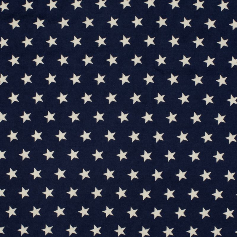 Tmavě modrý jednolícní úplet s bílými hvězdičkami -200 gsm vyrobeno v EU- atest pro děti bavlna