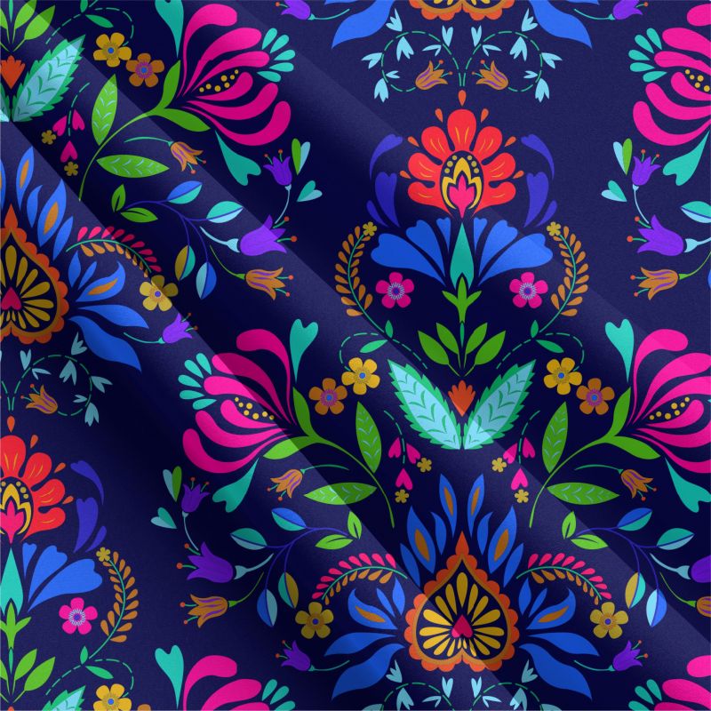 Folklorní květy na modré- sublimační digitální tisk mavaga design
