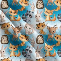 Vykulená lesní zvířátka na modré-sublimační digitální tisk mavaga design