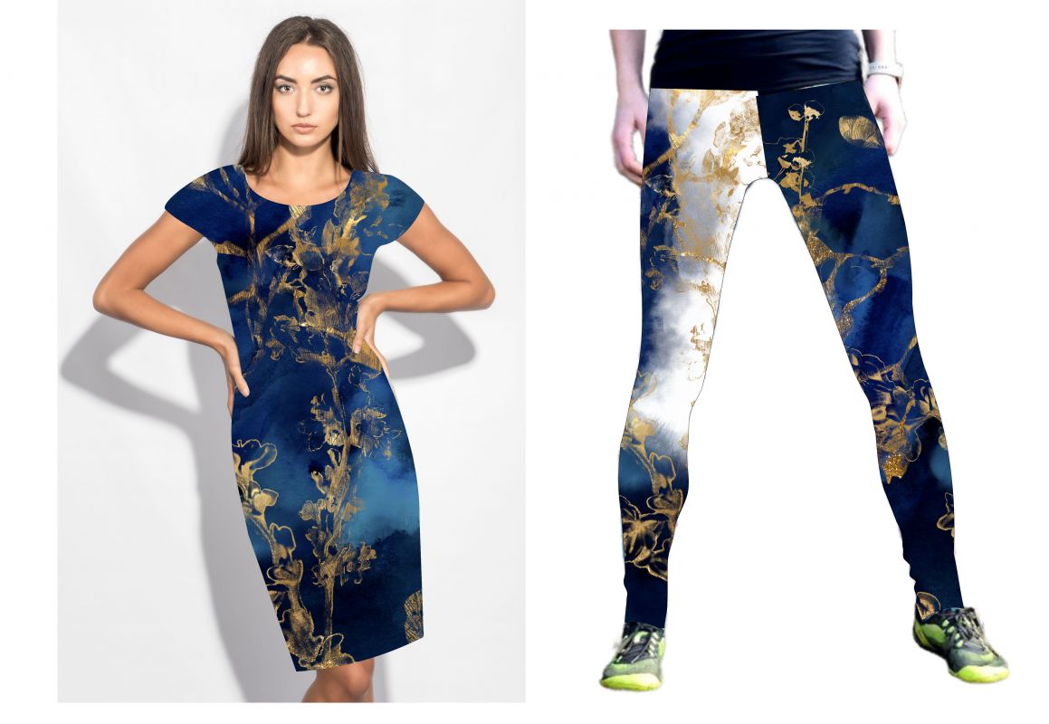PANEL na šaty / triko/leginy -zlaté kytky na modré mlze- 10 variant mavaga design