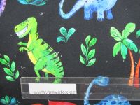 Teplákovina s barevnými dinosaury - 270 gsm EU-úplety atest pro děti