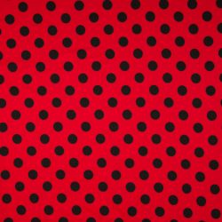 Jednolícní úplet červený s černými  puntíky 1,5 cm