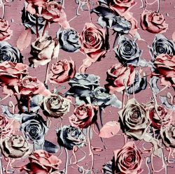 Teplákovina 3D růže na růžové- 270 gsm vyrobeno v Turecku