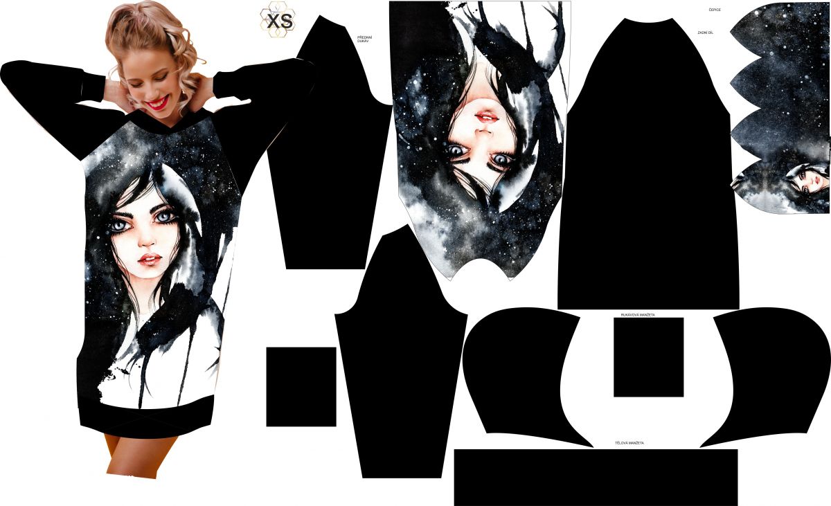 Panel na mikino-šaty - tisk do střihu - holka akvarel černá mavaga design