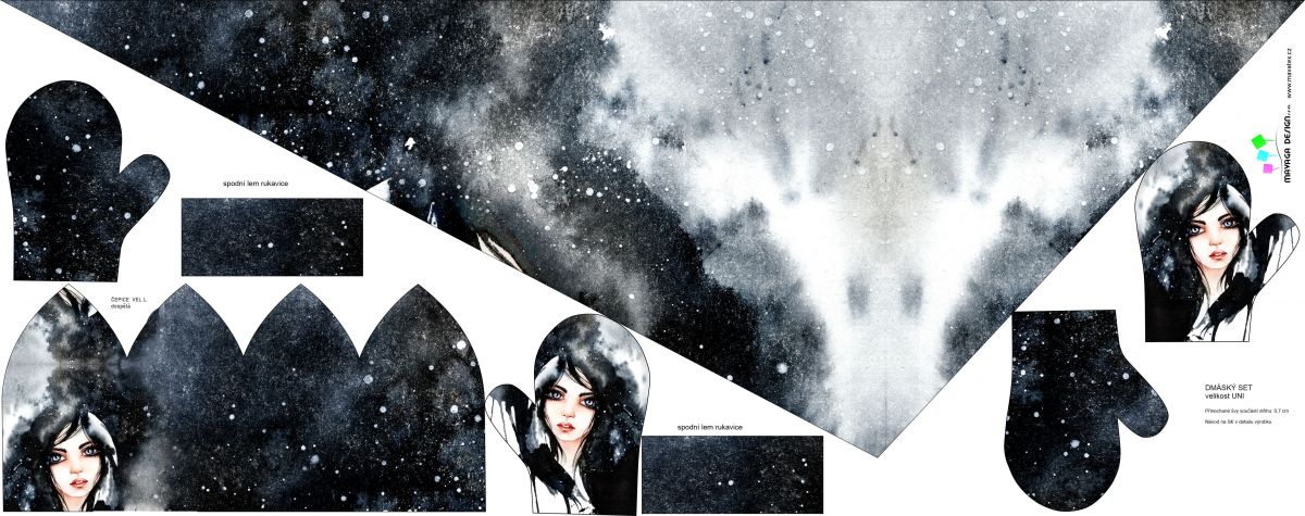 Panel na šálu - tisk do střihu - holka akvarel černá mavaga design