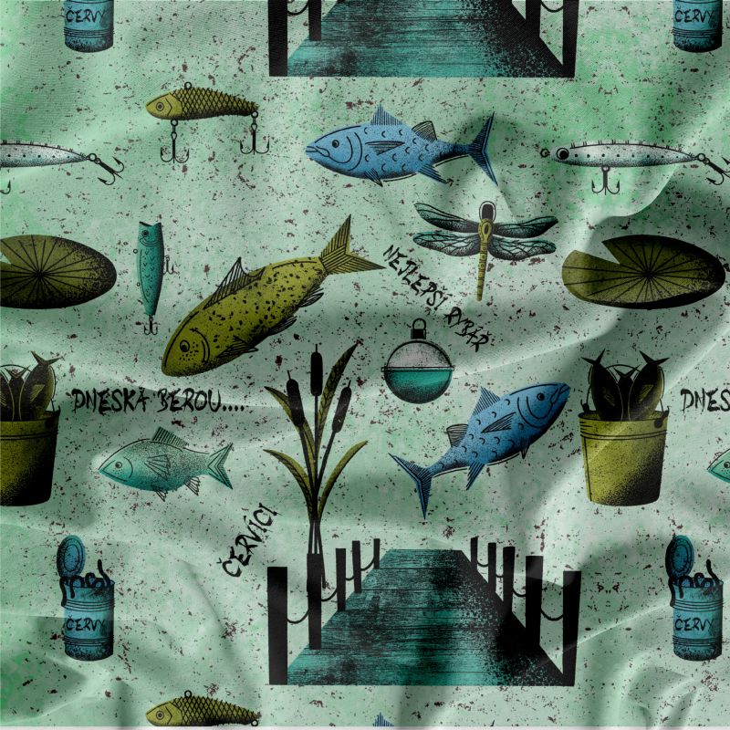 Barevná malované rybaření na zelené- digitální tisk mavaga design