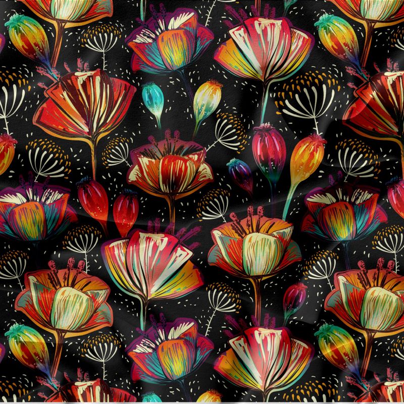 Malované astécké květy na černé- digitální tisk mavaga design