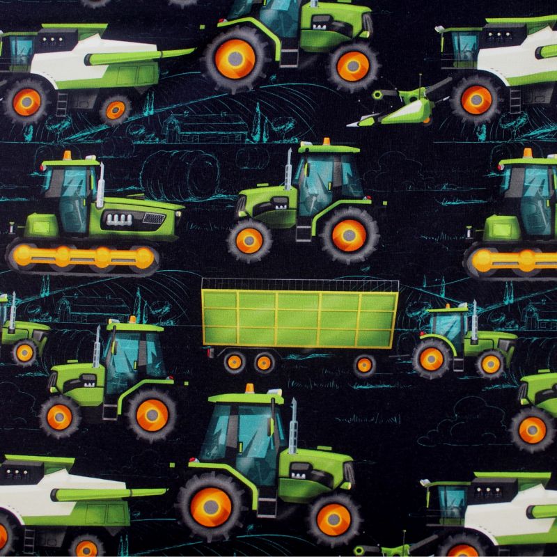 Teplákovina zelené traktory s přívěsem - 260gsm EU-úplety atest pro děti