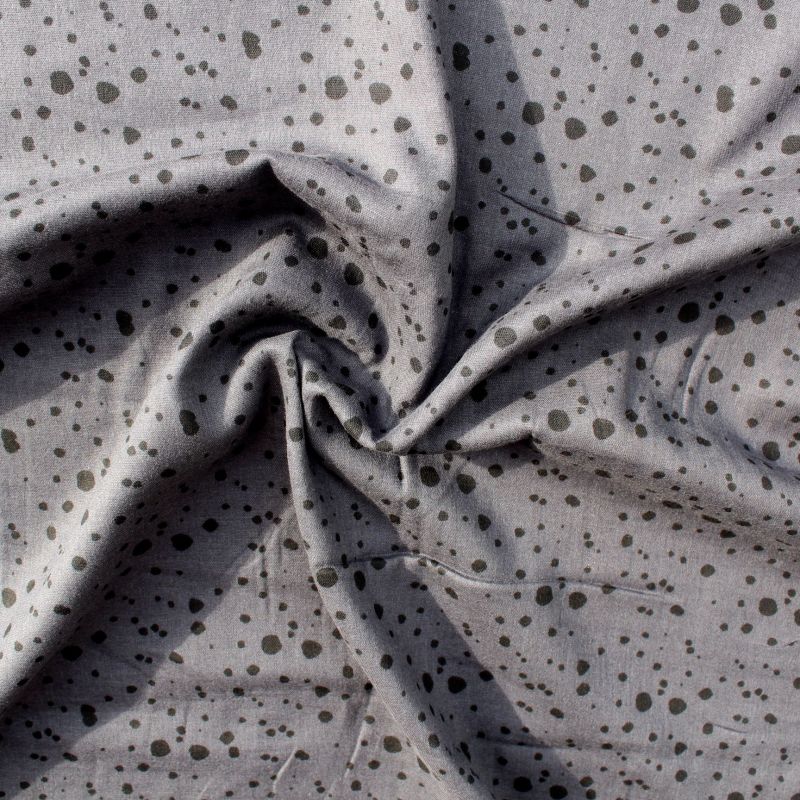 Mušelín ( fáčovina ) dvojitá - šedá s mix černými atyp puntíky vyrobeno v EU- atest pro děti bavlna