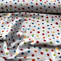 Mušelín ( fáčovina ) dvojitá - barevné puntíky vyrobeno v EU- atest pro děti bavlna