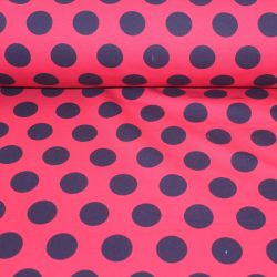 Teplákovina červená s velkými černými puntíky 3cm EU-úplety atest pro děti