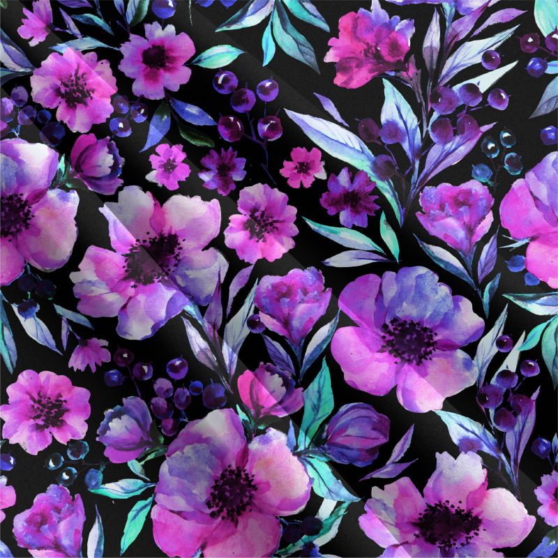 Jednolícní fialové akvarelové květy -190 gsm EU-úplety atest pro děti