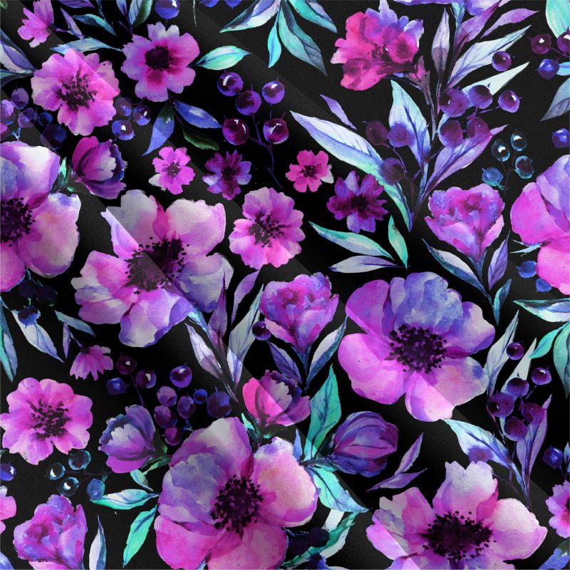 Teplákovina Fialové akvarelové květy- 250 gsm EU-úplety atest pro děti