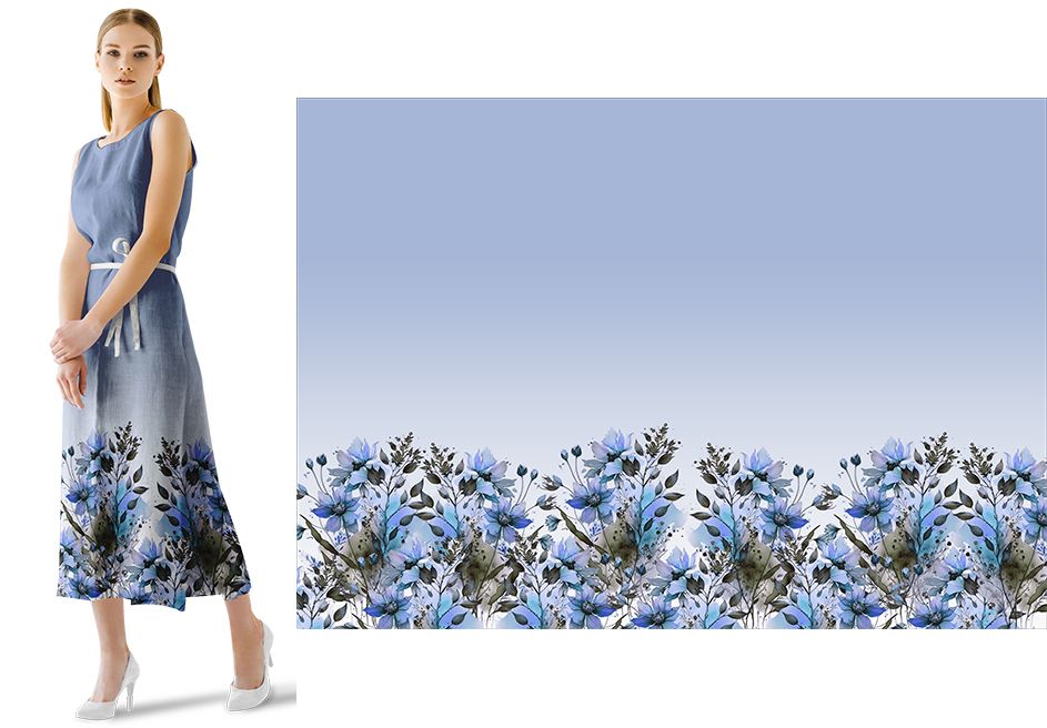 PANEL na šaty / triko/leginy - akvarelová louka modrá- materiálové varianty mavaga design