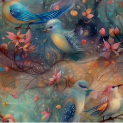 Teplákovina barevní akvarelový ptáčkové -  250 gsm 