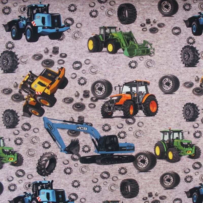 Teplákovina šedá mellange traktory a kola-250 gsm EU-úplety atest pro děti