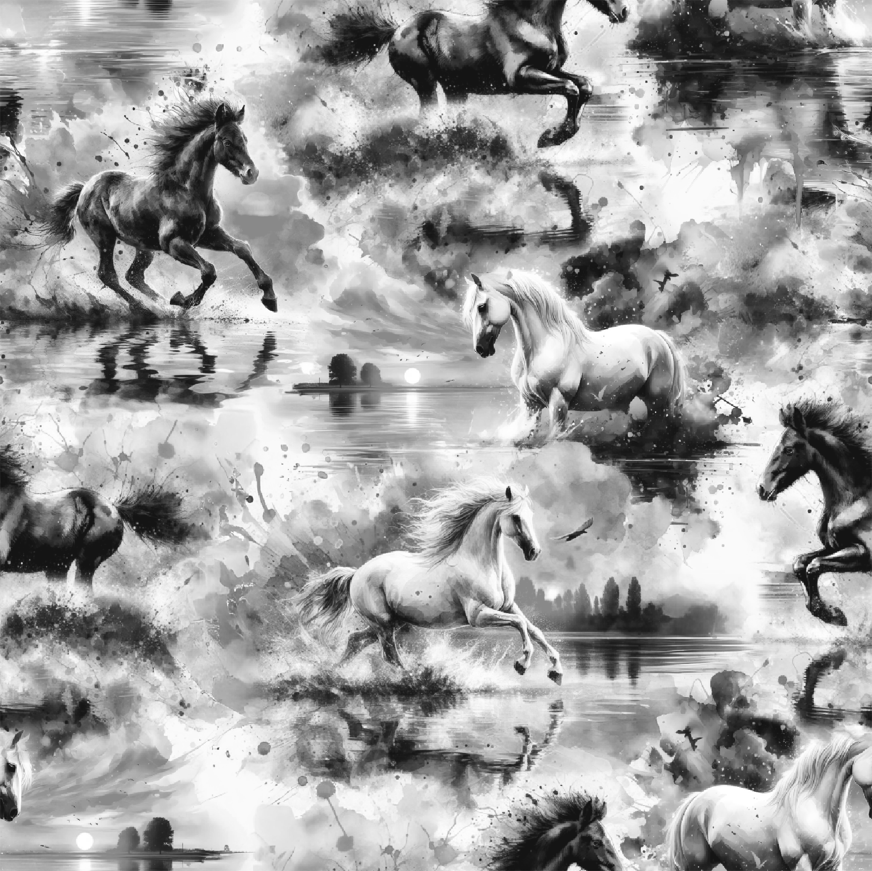 Koně ve vodě - černobílá - materiálové varianty