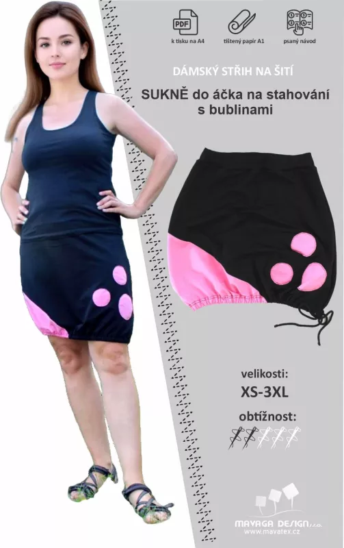 Papírový střih - DÁMSKÁ SUKNĚ do áčka na stahování s bublinami -xs-3xl Mavatex